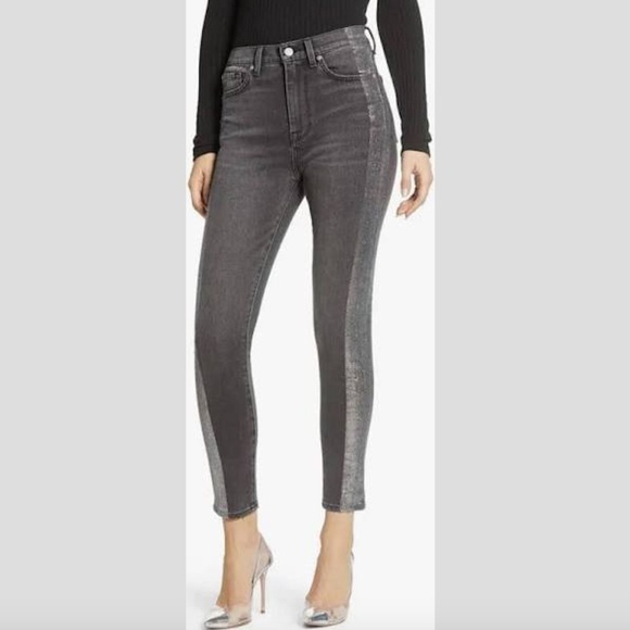 7 For All Mankind High-Waist Ankle Skinny Jeans in Metallic Glitter Tux - Picture 2 of 13